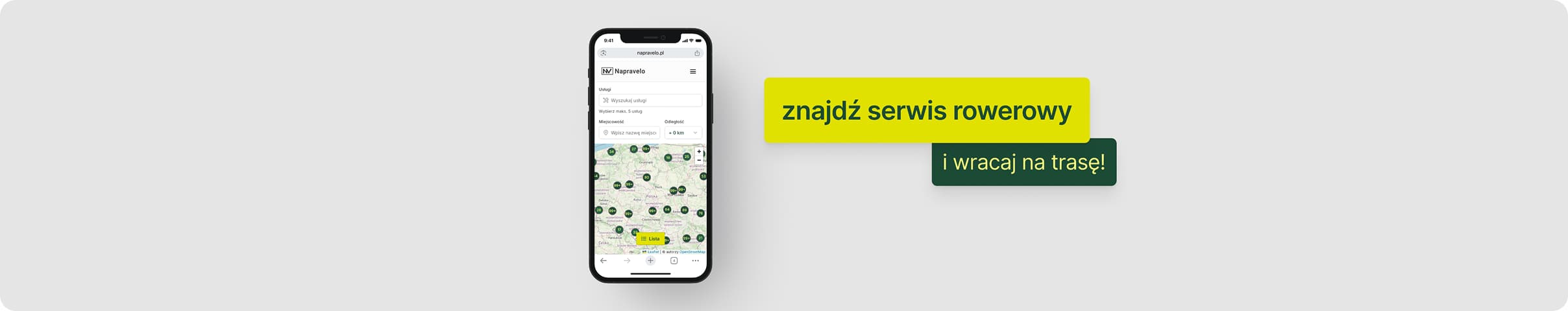 Grafika przedstawiająca aplikację Napravelo. Znajdź serwis rowerowy i wracaj na trasę!